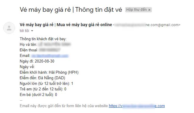 Thông tin khách hàng gửi đến gmail